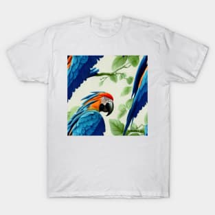 Colorful Blue Macaw on Perch, Seamless Tile Pattern T-Shirt